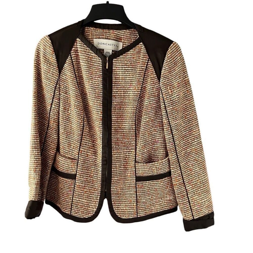 Doncaster Tweed Brown Trim Silk Viscose Blend Blazer Jacket Size 10 Zip Front